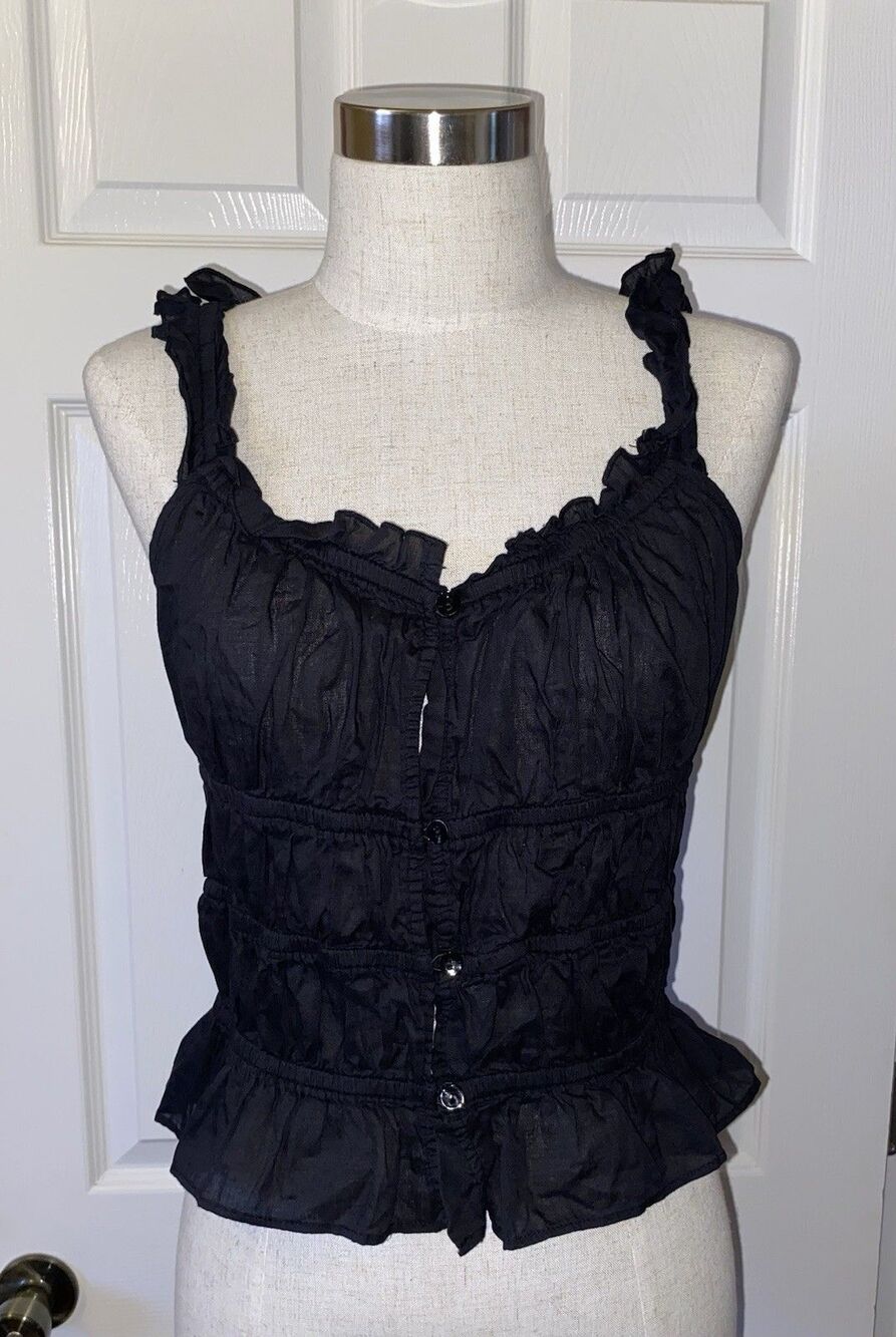 Cotton On Black Solid Square Neck Ruffle Button Chiffon Cami Tank Size 10